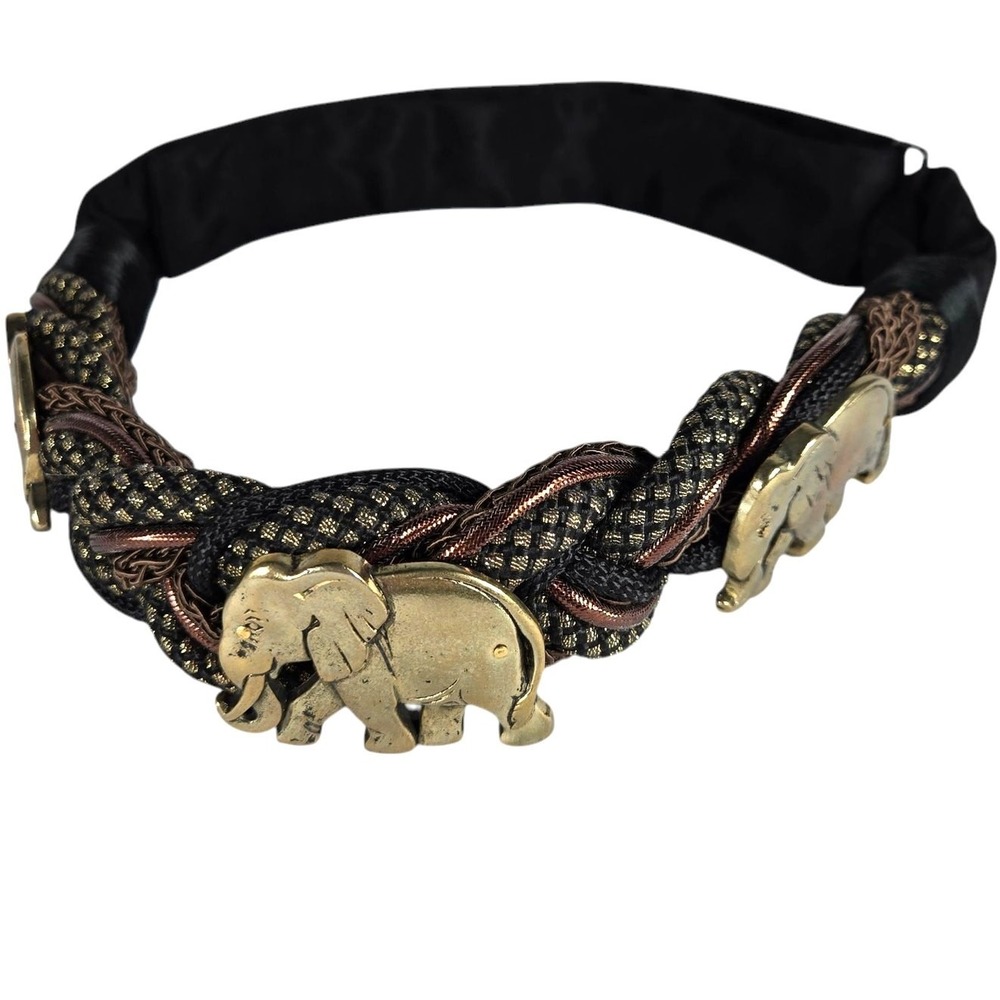 Vintage 80s Braided Rope Belt Carolyn Tanner Designs Brass Elephants Adjustable